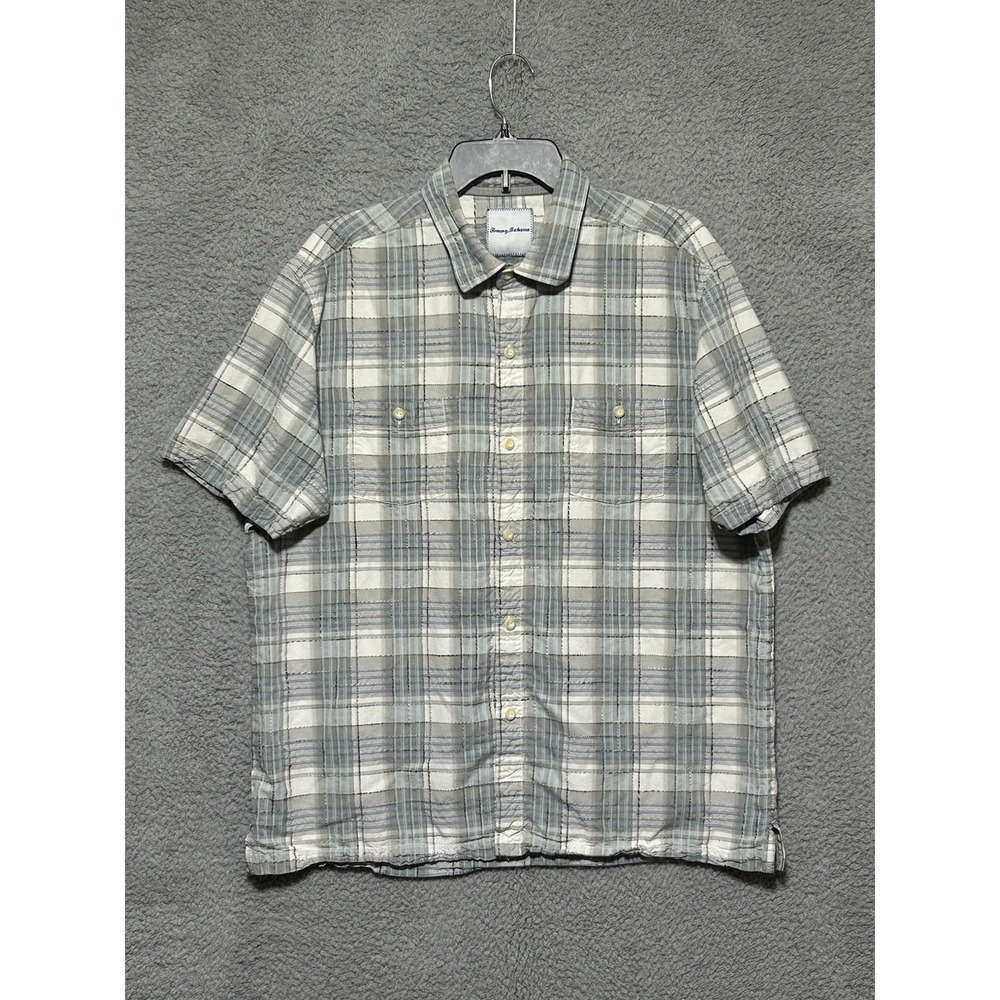 Tommy Bahama Shirt Mens XL Textured 75% Silk Short Sleeve Button Up Plaid Preppy